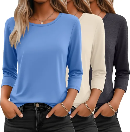 Miniatura 11 de Ficerd Paquete de 3 camisetas de manga 3/4 para mujer, cuello redondo, camisetas básicas elegantes, casuales, modernas, holgadas