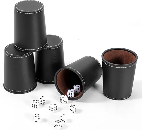 Miniatura 16 de Juego de tazas de cuero para dados, 5 tazas de dados negros + 25 dados + funda exclusiva de almacenamiento y transporte hecha de piel sintética