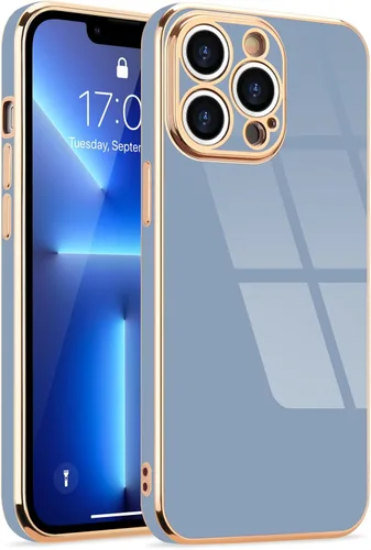 Miniatura 162 de Lafunda Diseñada para iPhone 13 Pro, fundas lujosas con chapado lindo para mujeres y niñas, elegante borde dorado, a prueba de golpes, TPU con funda