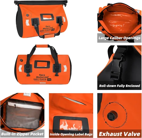 Miniatura 5 de Bolsa de lona impermeable para hombres y mujeres, mochila seca enrollable con correas de fijación rápida, bolsa de sillín de motocicleta para Naranja