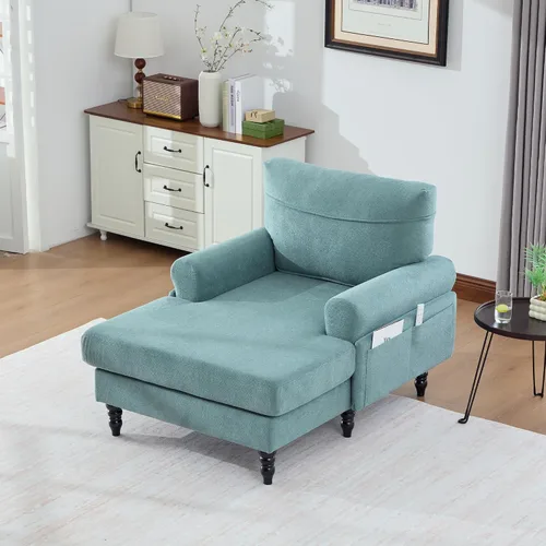 Miniatura 9 de Moderno sofá reclinable individual de tela de chenilla, patas de madera con cómodo respaldo y reposabrazos, bolsillos laterales para sala de estar