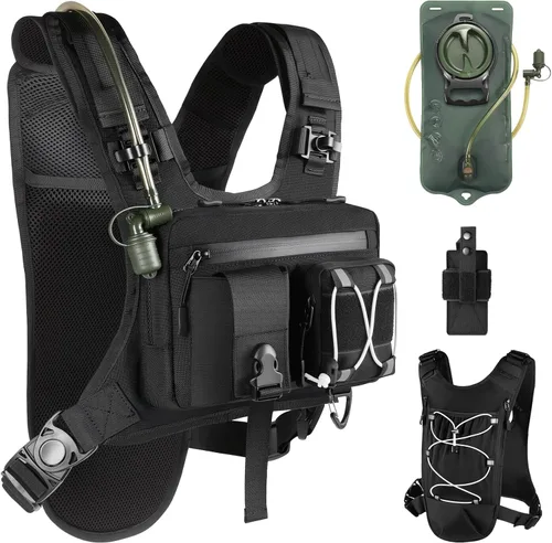 Chaleco tipo bandolera con bolsa de pecho con bolsa de agua de 2 litros, funda para equipo de correr, chaleco de hidratación, mochila ligera y