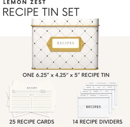 Miniatura 3 de Jot & Mark Caja de regalo para tarjetas de recetas, 50 tarjetas de 4 x 6 pulgadas, 14 divisores, caja de lata decorativa, patrón floral