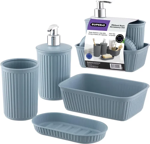 Superio Colección acanalada, juego de accesorios decorativos de baño de plástico, color azul (juego de 4), jabonera, dispensador de líquidos, taza