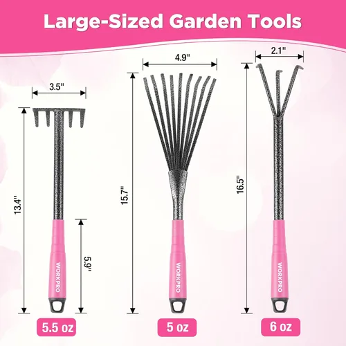 Miniatura 3 de WORKPRO Juego de herramientas de jardín rosa de 6 piezas, herramientas manuales de jardinería resistentes con mango de goma suave, incluyendo