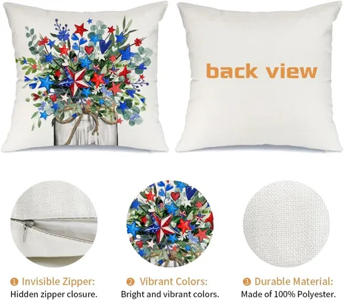 Miniatura 6 de AACORS Fundas de almohada del 4 de julio, 16 x 16 pulgadas, florero floral, mariposa, decoración patriótica de Estados Unidos, funda de almohada
