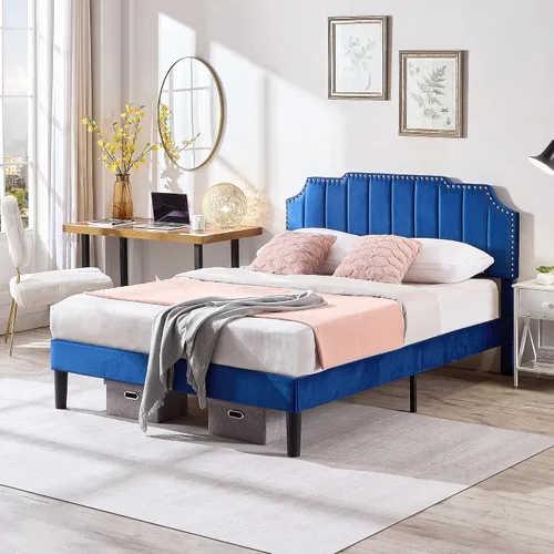 Miniatura 4 de VECELO Base de cama tamaño matrimonial tapizada con cabecera ajustable copetuda/base de colchón con soporte de listones de madera, fácil montaje