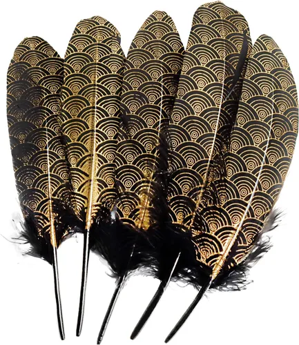 30 plumas de ganso negro bañadas en oro de 6 a 9 pulgadas, plumas de nube con patrón dorado para manualidades de Halloween, manualidades, fiestas,