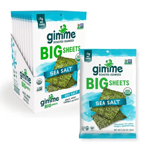 Gimme Hojas grandes de algas marinas tostadas orgánicas de alta calidad, sal marina, keto, vegano, sin gluten, gran fuente de omega3 y yodo,