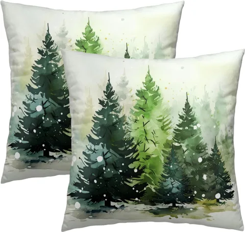 Miniatura 37 de Fundas de Almohada de Bosque de Pinos 22x22 Juego de 2, Fundas de Almohada Decorativas de Árboles de Abeto y Cedro Verde Nieve Beige de Invierno