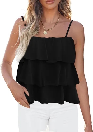 KIRUNDO Blusa tipo babydoll con volantes y tirantes delgados para mujer, para verano, en capas, para playa, moda, vacaciones, crucero
