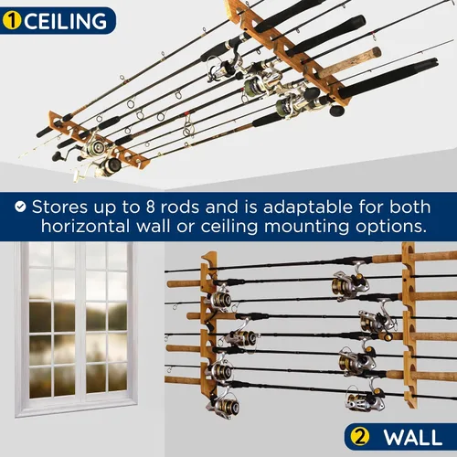 Miniatura 4 de Rush Creek Creations 8 Fishing Rod Wall or Ceiling Storage Rack, Vertical or Horizontal Holder for Garage, 8 Rod and Reel Combo Capacity