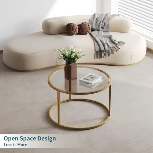 Miniatura 8 de SAYGOER Mesa de café pequeña de vidrio, mesa de café redonda dorada para espacios pequeños, mesa central moderna y simple con marco dorado para sala