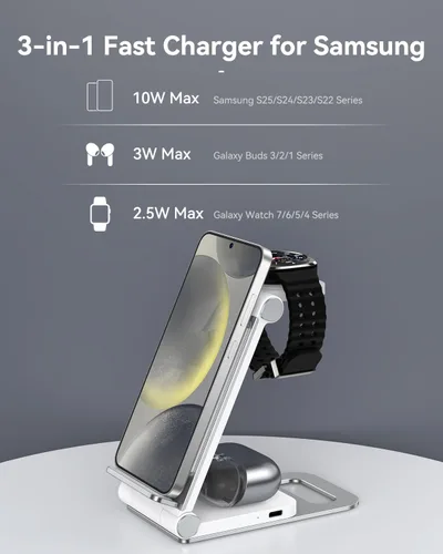 Miniatura 6 de Cargador inalámbrico para Samsung Estación de carga inalámbrica 3 en 1 Soporte de cargador inalámbrico plegable para Galaxy S25 S24 S23 S22 S21 Gris