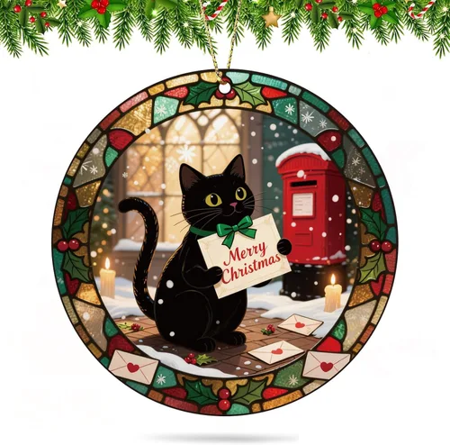 Miniatura 6 de Adornos de Navidad Graciosos de Gato Negro 2025, Adornos Colgantes de Acrílico 2D para Decoraciones de Árbol de Navidad, Adornos de Navidad