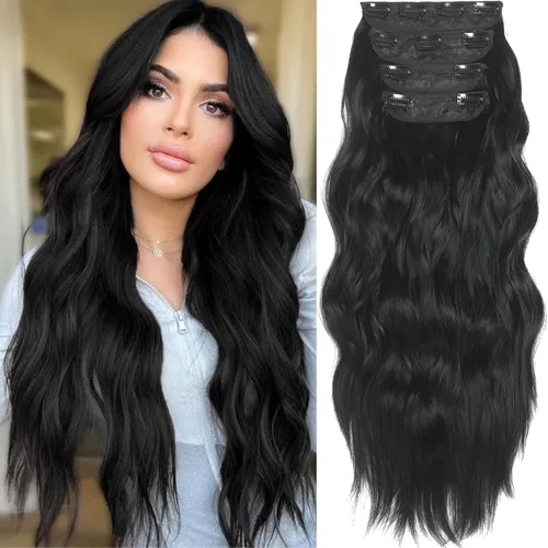 Miniatura 7 de Burgundy Clip in Hair Extensions, 4 PCS Natural Soft Long Wavy Clip on Synthetic Hair Hairpieces Curly 20Inch Curly Thick Hair 11 Clips