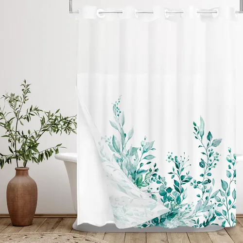Miniatura 67 de Tititex Spun Sugar - Juego de cortinas de ducha de eucalipto azul claro, hojas de acuarela brillantes en la parte superior, decoración floral