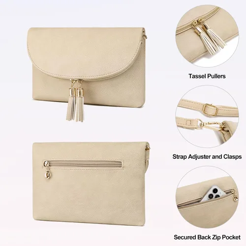 Miniatura 4 de Solene Bolso de mano para mujer, con múltiples compartimentos, 6 ranuras para tarjetas en el interior, bolsa cruzada con borlas