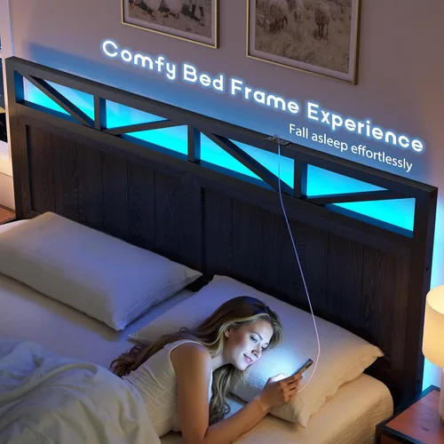 Miniatura 6 de EnHomee Marco de cama King de metal con 2 cajones de almacenamiento, cabecera de madera con iluminación LED y estación de carga, dormitorio, Negro