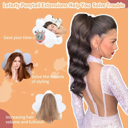 Miniatura 4 de Extensión de cola de caballo de 18 pulgadas, rizado, ondulado, con clip, extensiones de cabello largo sintético para mujer, color marrón claro