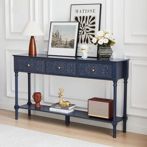 Miniatura 8 de weselon Mesa consola tallada de 55.5 pulgadas con 3 cajones, mesa de sofá de 2 niveles con superficie floral brillante y patas de madera maciza