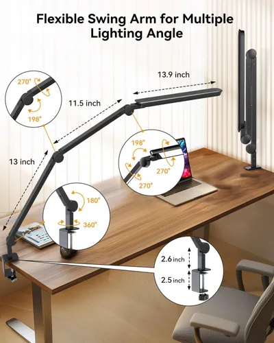 Miniatura 4 de Lámpara de escritorio LED con abrazadera, lámpara de escritorio de arquitecto con control remoto, luz de escritorio de brazo oscilante flexible