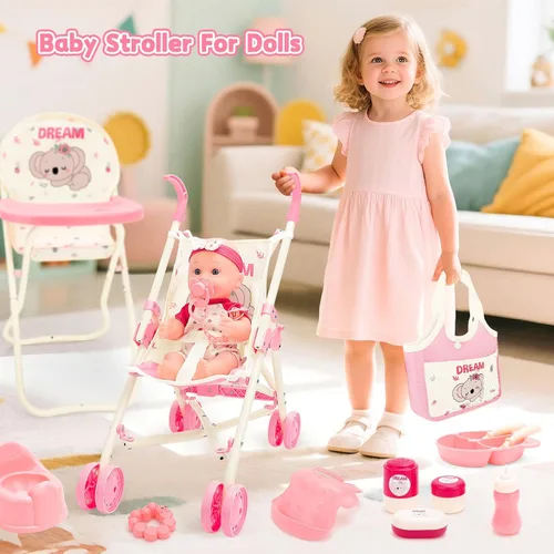 Miniatura 5 de deAO Juguetes de Cochecito de Muñeca Bebé con Muñeca Bebé de 12" Accesorios Cama de Cuna Silla Alta Conjunto de Juego de Roles de Guardería Tapete