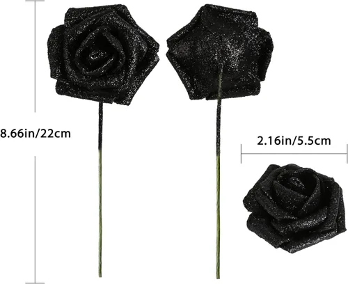 Miniatura 6 de Flores negras con purpurina, 30 unidades, flores artificiales con purpurina, rosas de espuma con tallo, flores sintéticas para bricolaje, ramo
