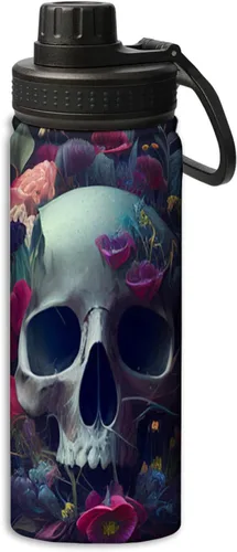 Miniatura 12 de OOZ Calavera y flores patrón 18 oz deportes aislados botellas de agua de acero inoxidable para correr, senderismo, ciclismo, escalada, negro Negro 8