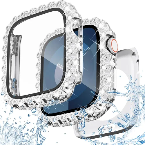 Miniatura 15 de NewWays Funda impermeable 2 en 1 de 1.772 pulgadas para Apple Watch Series 9, 8, 7, encaje completo con diamantes de imitación y purpurina para Oro