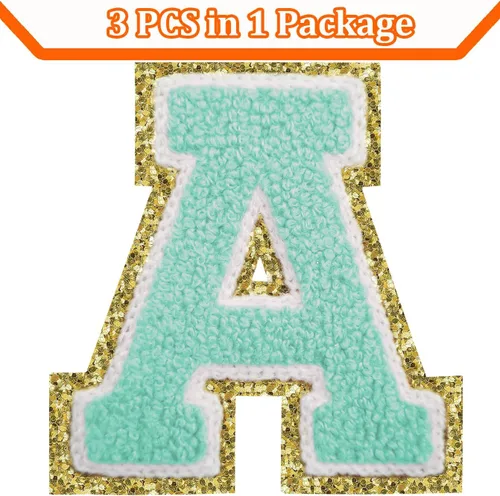 Miniatura 2 de Parches de letras termo-adhesivas de felpilla para chaquetas, parches de letras universitarias con brillantina para planchar en la letra azul A
