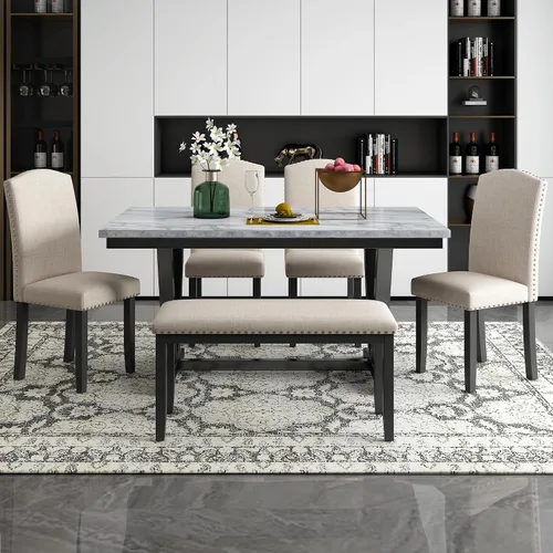 LUMISOL - Juego de mesa de comedor de 6 piezas con banco y sillas para 6 personas, de madera maciza, para cocina, comedor, color blanco cálido