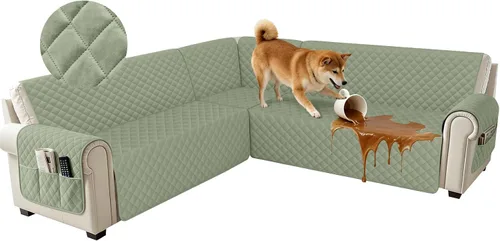 Miniatura 14 de Fundas impermeables para sofá seccional de esquina en forma de L, de terciopelo, juego de 6 piezas, funda en forma de U para sofá, para perros