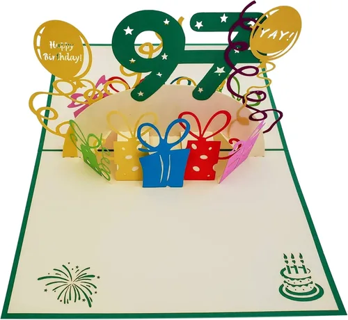 Miniatura 3 de iGifts And Cards Tarjeta desplegable 3D de cumpleaños 97, regalos coloridos y celebración de hitos de globos, saludo sincero para personas mayores