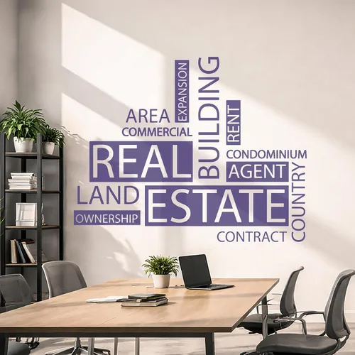 Vinilo grande para pared, diseño de agencia inmobiliaria, palabras, agente inmobiliario, decoración de oficina, mural (ig6162), color negro, M, 22.5