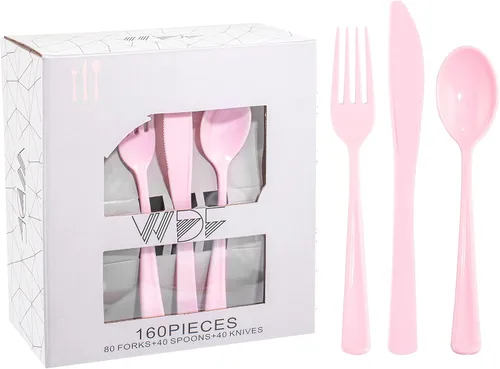WDF 160 piezas de cubiertos de plástico rosa - Cubiertos de plástico rosa resistentes incluye 80 tenedores, 40 cucharas, 40 cuchillos, utensilios de