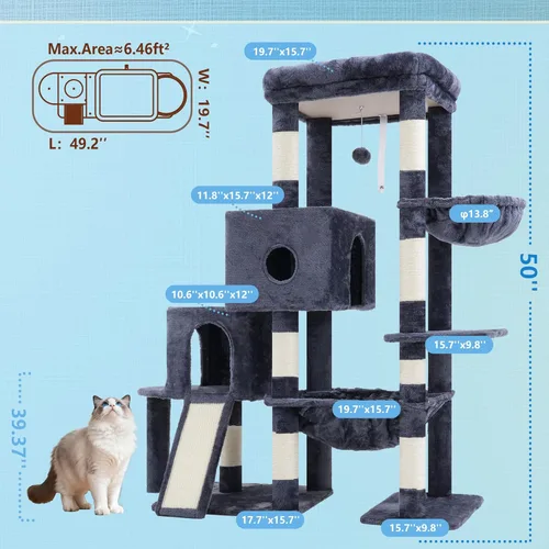 Miniatura 2 de Hey-brother Torre de árbol para gatos, postes rascadores con plataforma grande, 2 condominios, hamaca espaciosa, cesta acogedora, tabla de sisal