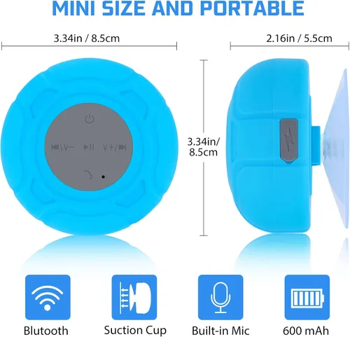 Miniatura 5 de Parlante Bluetooth Impermeable para Ducha Portátil, Inalámbrico, Resistente al Agua, Manos Libres con Micrófono Integrado, Ventosa para Baño
