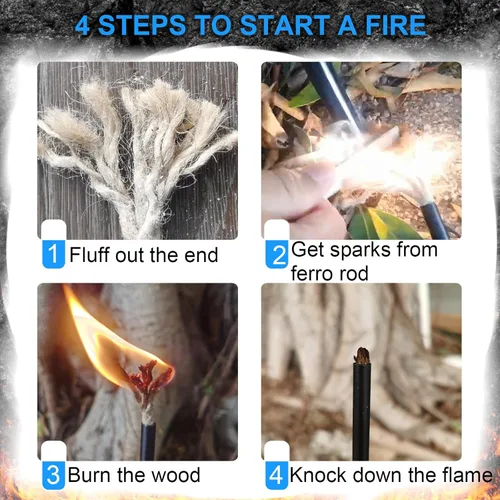 Miniatura 7 de Kit de arranque de fuego con barra de ferro – Pedernal y acero de 5" con dos cordones de yesca encerada y paracord para camping, senderismo
