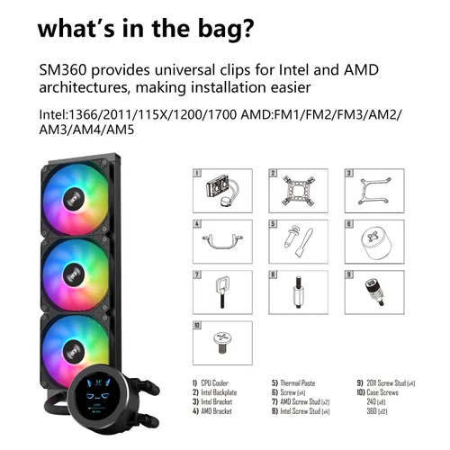Miniatura 8 de SAMA SM360 Negro Enfriador de Líquido Ajustable con Pantalla LCD, Ventilador Silencioso ARGB PWM Dirigido de 3 x 120 mm, Radiador AIO de 360 mm