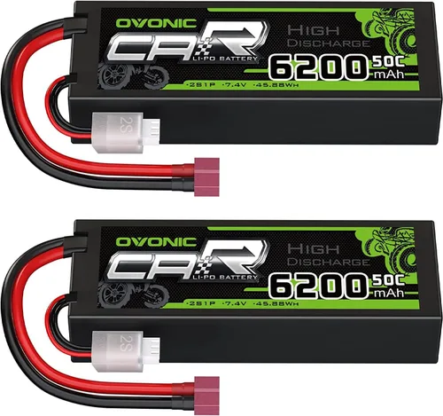 OVONIC 2S Lipo Battery 50C 6200mAh 7.4V Lipo Batería con conector T estilo Dean para 1/8 1/10 RC coche, camión, barco (2 paquetes)
