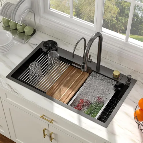 Miniatura 13 de Fregadero de cocina de 25 pulgadas, fregadero de un solo cuenco, color negro mate, calibre 18, 25 x 22 pulgadas, acero inoxidable, montaje superior