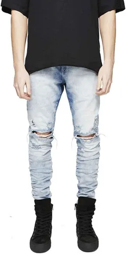 HUNGSON Pantalones de mezclilla elásticos ajustados para hombre, jeans ajustados rasgados para hombre, pantalones de pierna recta desgastados,