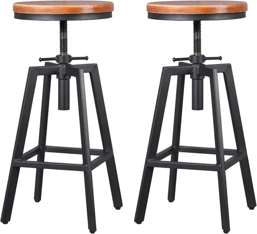Taburetes de bar industriales, silla de comedor de cocina, taburete de metal de madera, silla giratoria de altura ajustable, negro, juego de 2