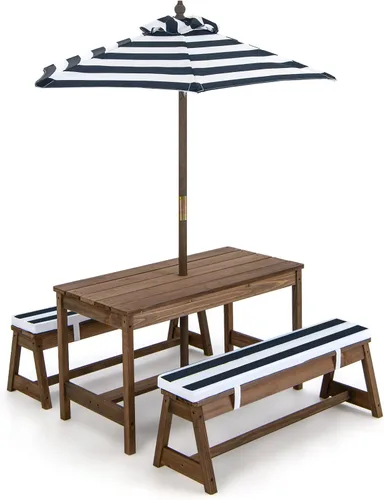 KOTEK Mesa de picnic para niños con paraguas plegable, juego de mesa y banco de madera para patio trasero con cojines extraíbles, mesa de juego de