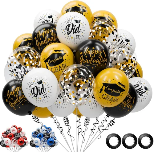 Paquete de 78 globos de graduación 2026, decoraciones de graduación, globos de graduación de 12 pulgadas de oro negro con cintas para decoraciones