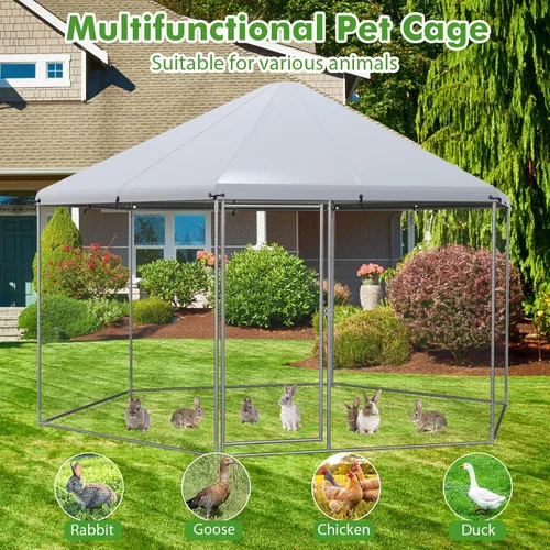 Miniatura 7 de Giantex Gallinero de metal grande, gallinero hexagonal de 13 pies con cubierta impermeable, marco de acero resistente, 12 estacas, jaula de aves