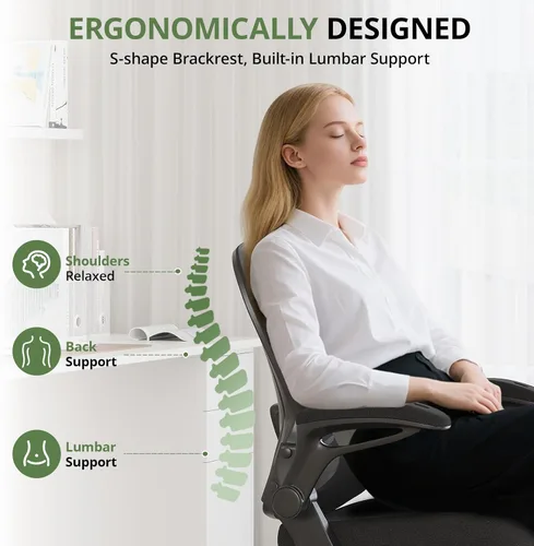 Miniatura 3 de Silla de oficina de capacidad de 330 libras, silla de escritorio ergonómica de malla transpirable con soporte lumbar y reposabrazos abatibles, silla
