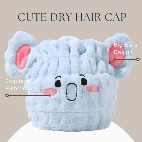 Miniatura 5 de Toalla de microfibra para el pelo para niños, gorro seco de elefante azul, absorbe agua, absorbente y rápido, toalla de secado rápido para niñas