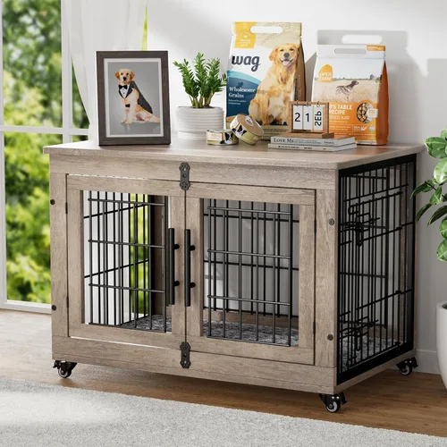 Miniatura 18 de YaFiti Mueble de jaula para perros con cojín, perrera de madera para interiores con puertas dobles, jaula para perros con ruedas, mesa auxiliar